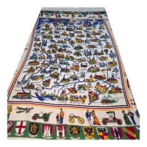 Vintage Germany Tablecloth Map Souvenir 58x49" White Colorful Flags Landmark EUC
